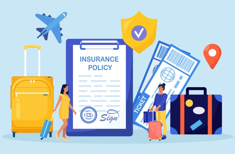 Eine Reisepolicy, Reiseunterlagen, Koffer und Figuren, die sich auf eine Reise vorbereiten.