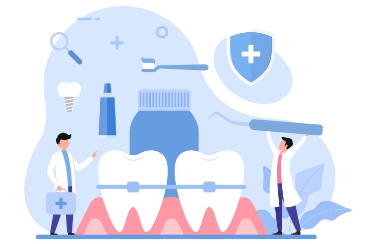 Zwei Zähne mit Zahnspange, Zahnärzte, Zahnputzmittel und zahnmedizinische Werkzeuge im Hintergrund.